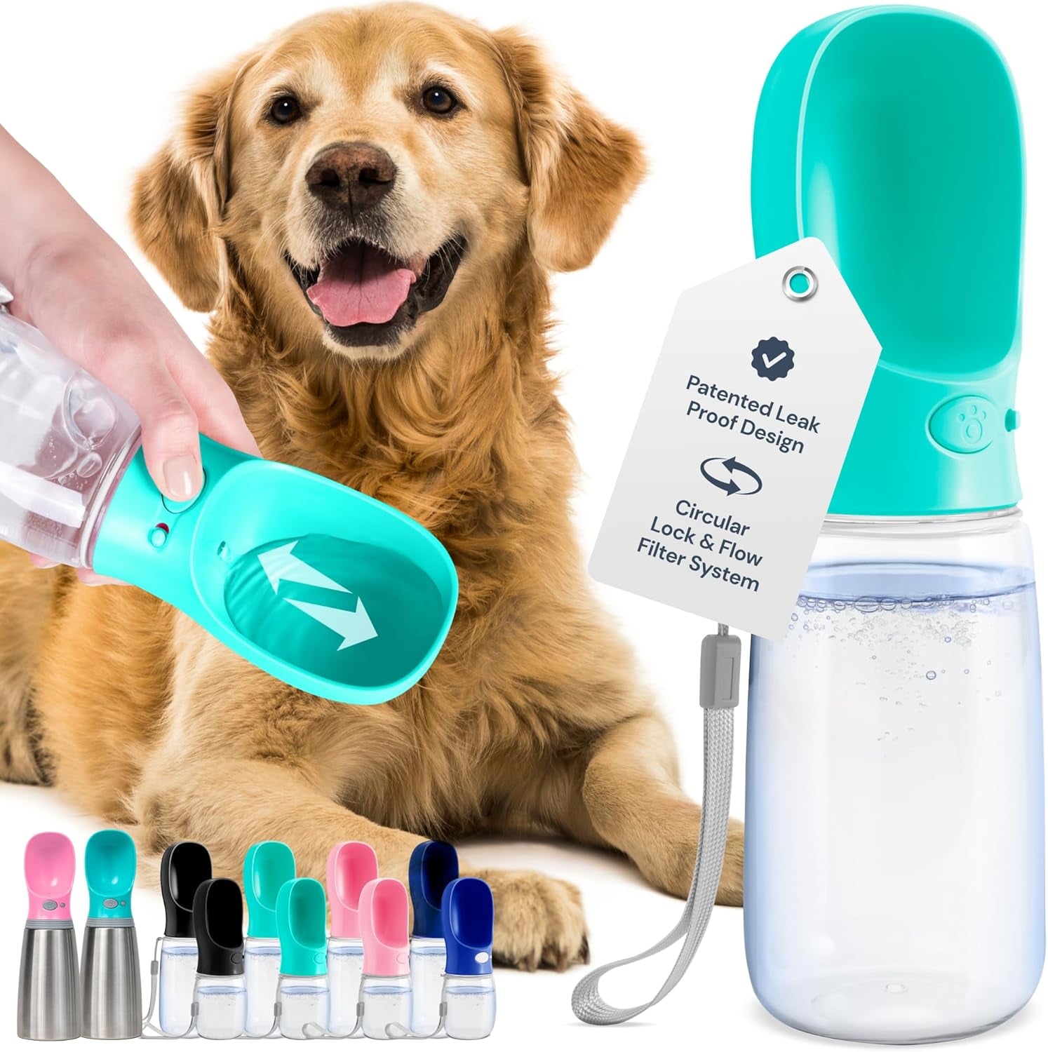 Portable Dog Water Bottle - 19 Oz, Blue - Leak-Proof Water Bowl Dispenser with Lock for Hiking, Travel & On-The-Go