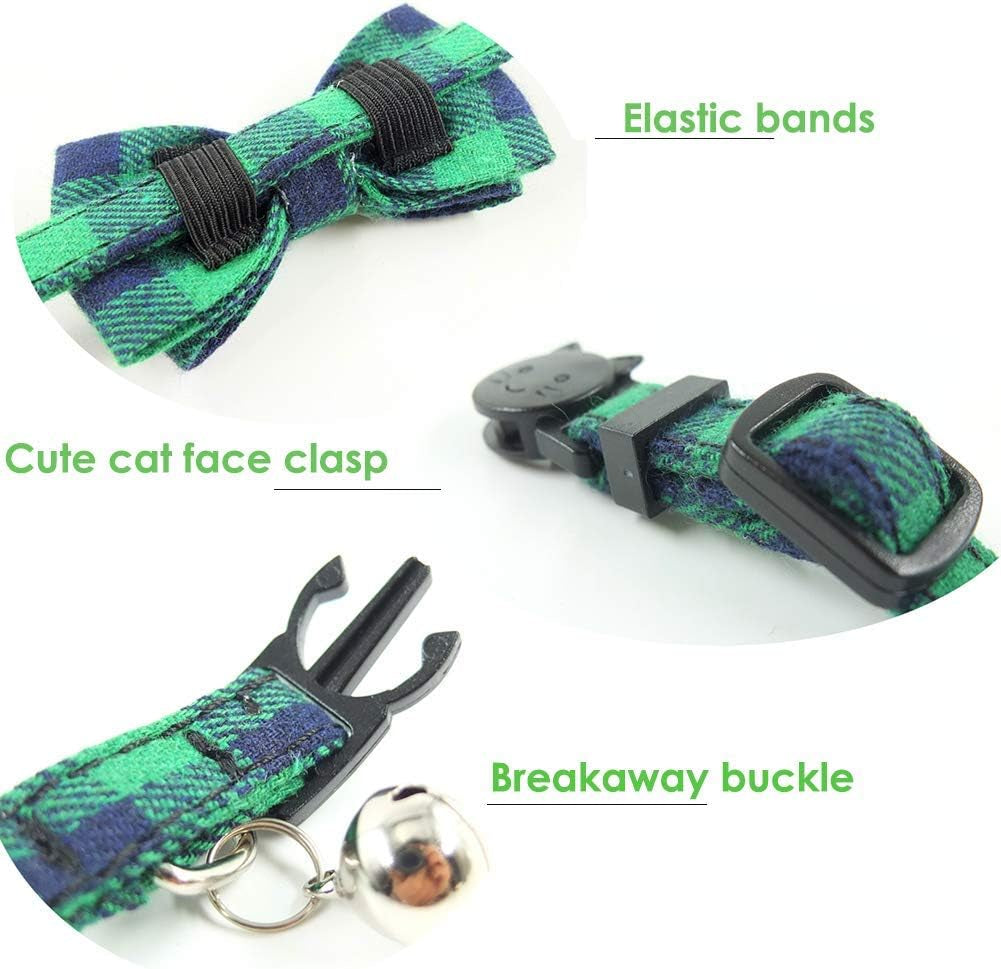 Cat Collar Breakaway with Bell and Bow Tie, Plaid Design Adjustable Safety Kitty Kitten Collars(6.8-10.8In) (Green Plaid)