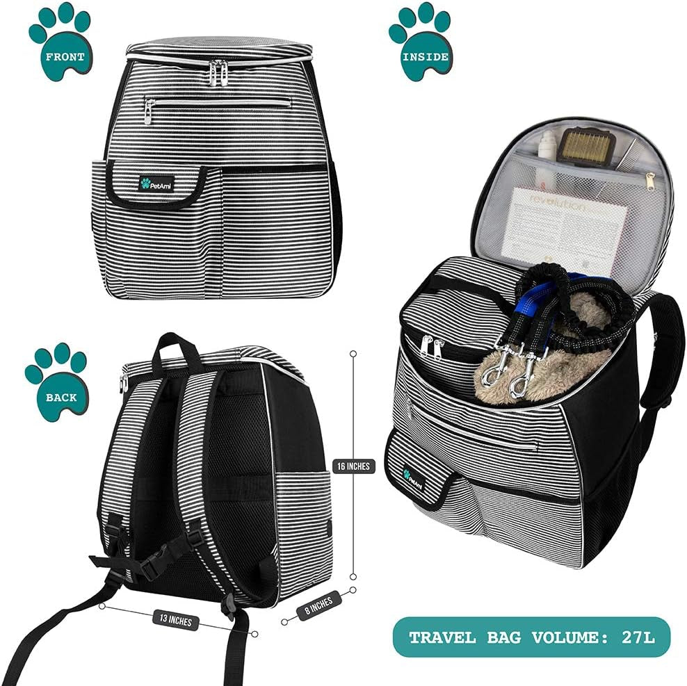 Dog Travel Bag Backpack, Airline Approved Dog Bags for Traveling, Puppy Diaper Bag Supplies, Pet Camping Essentials Hiking Accessories Gift, Food Container, Collapsible Bowls, Stripe Black