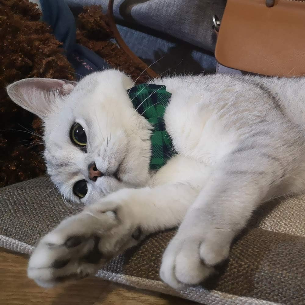 Cat Collar Breakaway with Bell and Bow Tie, Plaid Design Adjustable Safety Kitty Kitten Collars(6.8-10.8In) (Green Plaid)