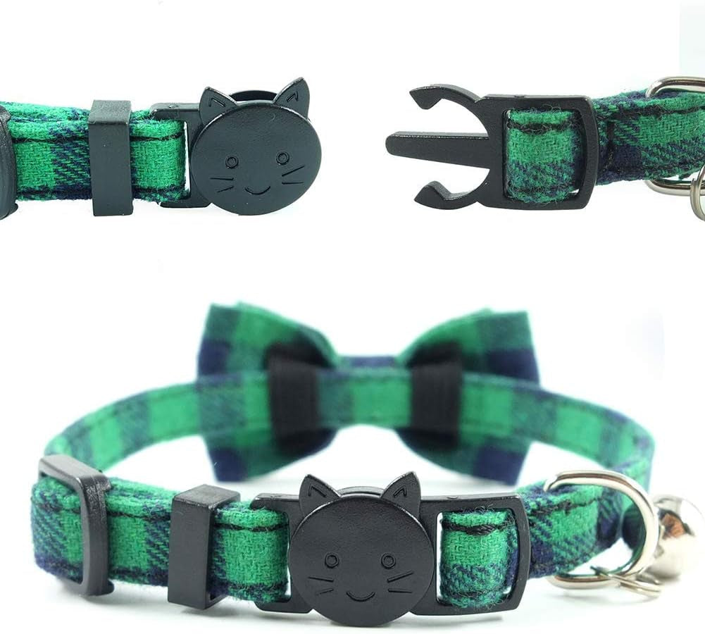 Cat Collar Breakaway with Bell and Bow Tie, Plaid Design Adjustable Safety Kitty Kitten Collars(6.8-10.8In) (Green Plaid)