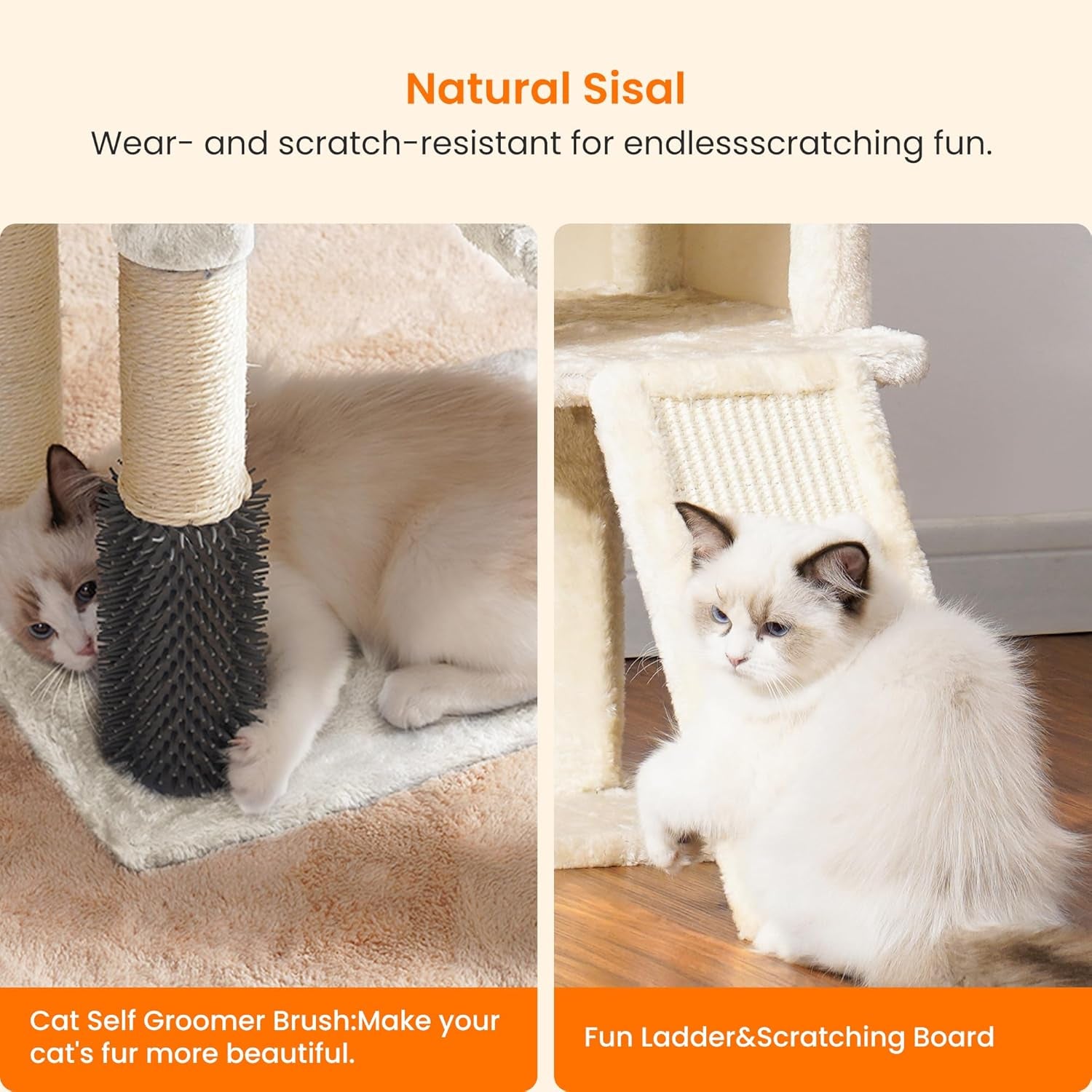 Cat Tree with Cat Self Groomer Brush, Cat Tower Condo for Indoor Cats with Padded Plush Perch, Cat House with Basket Scratching Board Post, Beige HCT005SM