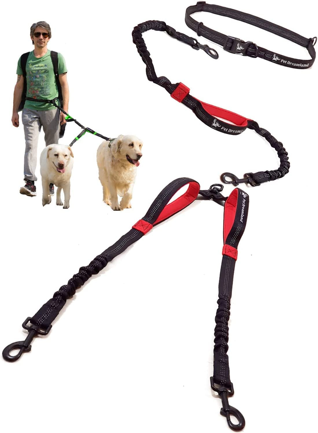 Exquisite Hands Free Double Leash for Two Dogs No Tangle. Premium Quality & Versatile Running Your Two Large Dogs. You Will Absolutely Love This Amazing Dual Dog Leash (Black & Red)