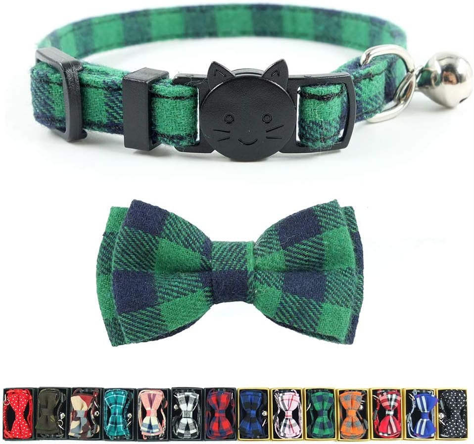 Cat Collar Breakaway with Bell and Bow Tie, Plaid Design Adjustable Safety Kitty Kitten Collars(6.8-10.8In) (Green Plaid)